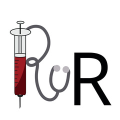 letter design in the form of a syringe and a medical stroboscope folded in the form of an R