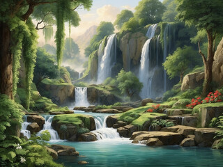 The scenery of trees with waterfall © Saif