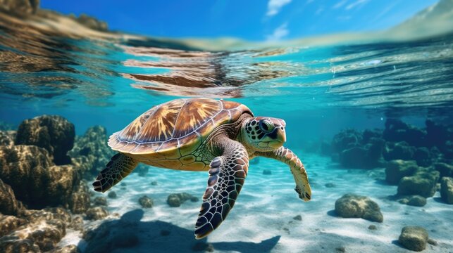 A large turtle swims underwater.