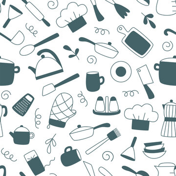 Sketch cooking and kitchen seamless pattern. Hand kitchen utensils for cooking background. Simple ink lines, pictures with dishes, dishes and kitchenware print for textile, packaging, paper, vector il