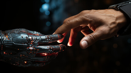 A human finger gently touches the illuminated fingertip of a robotic hand, symbolizing the intersection of humanity and advanced robotics