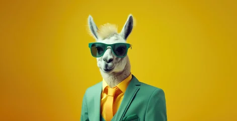Fotobehang Trendy llama with glasses and green jacket on yellow background, businessman animals © Alina Zavhorodnii