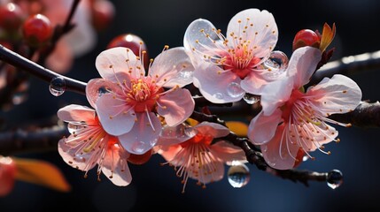 Beautiful sakura flowers on black background with water drops