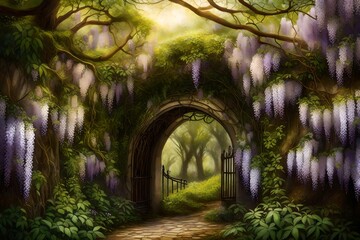 A natural archway of blooming wisteria vines, creating a whimsical entrance to a hidden corner of the enchanting spring forest.