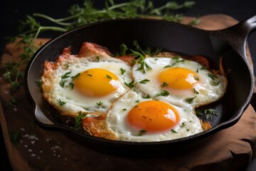 a macro photo of cooked fried eggs with seasoning and herbs on a black frying pan on a wooden table, dark and moody rustic atmosphere