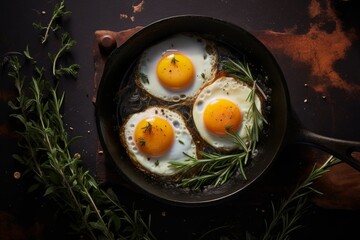 a macro photo of cooked fried eggs with seasoning and herbs on a black frying pan on a wooden table, dark and moody rustic atmosphere. Top view flat lay - obrazy, fototapety, plakaty