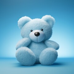 A blue teddy bear holding a heart-shaped pillow against a soft and ethereal blue background