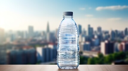 Transparent plastic bottle of water against the background of a city landscape - obrazy, fototapety, plakaty