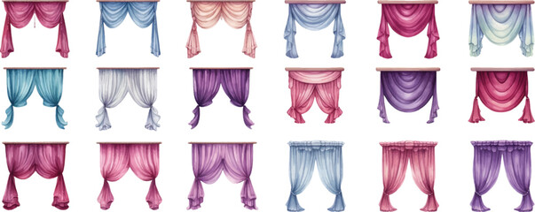 Set of watercolor curtains on a white background - obrazy, fototapety, plakaty
