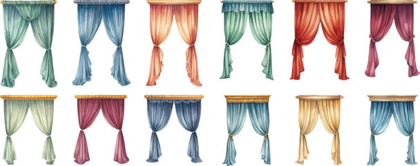 Set of watercolor curtains on a white background - obrazy, fototapety, plakaty