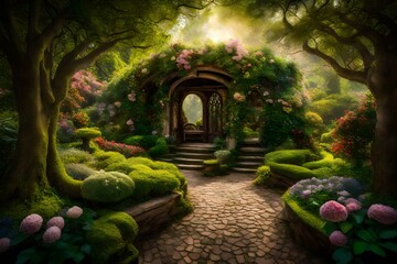 A secret garden hidden within the heart of the forest, filled with an abundance of blooming flowers...