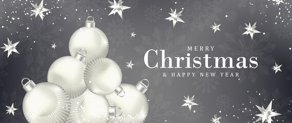 Horizontal vector New Year and Christmas gray card with Christmas balls, fir branches and snow.
