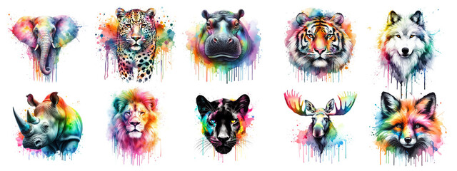 Watercolor picture of elephant, leopard, hippo, tiger, wolf, rhino, lion, puma, moose, fox. Rainbow color. AI generated - 686068517
