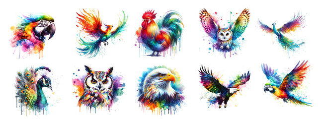 Watercolor picture of parrot, peacock, eagle, owl, rooster. Rainbow color. AI generated