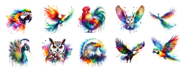 Küchenrückwand glas motiv Watercolor picture of parrot, peacock, eagle, owl, rooster. Rainbow color. AI generated © robert