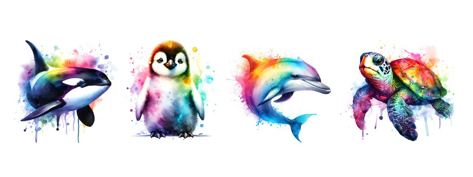 Watercolor picture of pinguin, orca, dolphin, turtle. Rainbow color. AI generated