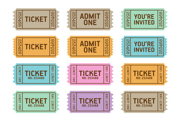 Vintage train ticket template vector, colorful retro admit one ticket collection  - obrazy, fototapety, plakaty