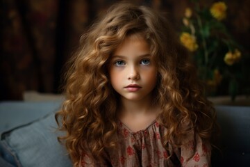 portrait of a little girl with long curly hair in the interior