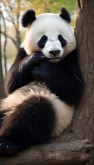 A Giant panda engaging in a grooming session, delicately cleaning its fur with meticulous care