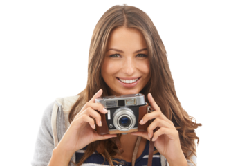 Woman, camera and portrait for travel holiday or adventure, explore or isolated transparent png background. Female person, face and digital device at tourist destination journey, photography on trip