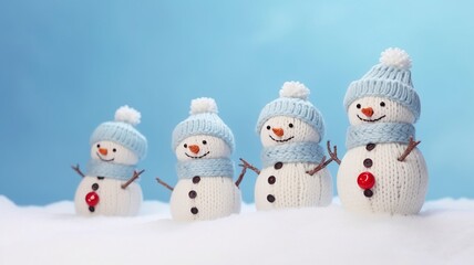 Little knitted snowmans on soft snow on blue background, copy space and generative ai