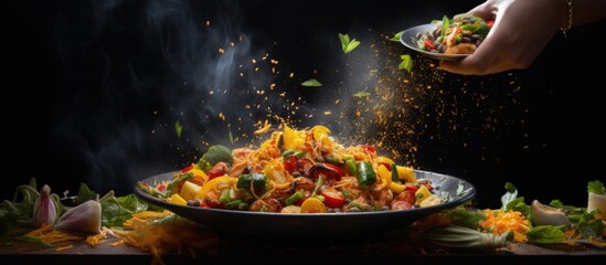 Food tossed on hot pan Thai street pasta with spices and veggies Advertisement space on dark background Copy space image Place for adding text or design - Powered by Adobe