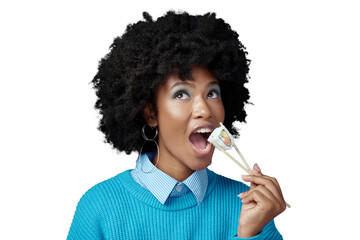 Sushi, food and face of black woman with smile for seafood on isolated, png and transparent...