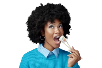 Fotobehang Sushi, food and face of black woman with smile for seafood on isolated, png and transparent background. Eating, happy and African person with chopsticks for luxury takeout for lunch, dinner or supper © Suresh/peopleimages.com