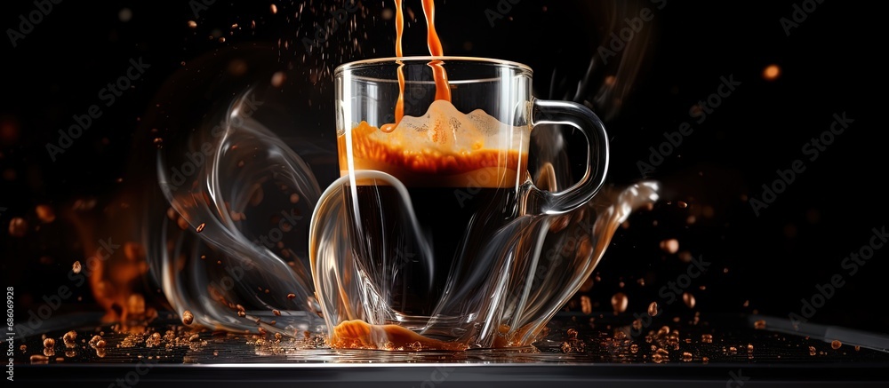 Poster Espresso being poured into coffee machine with black background splash still life Copy space image Place for adding text or design