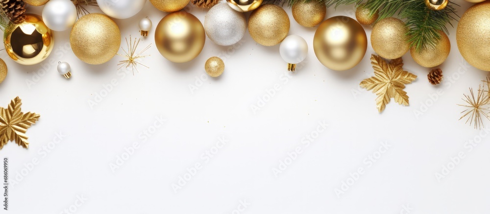 Poster Festive Christmas arrangement with conifer branches balls golden decorations on white surface Overhead view space for text square format Copy space image Place for adding text or design