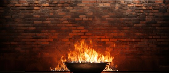 Fire burns in metal against brick wall Copy space image Place for adding text or design - obrazy, fototapety, plakaty