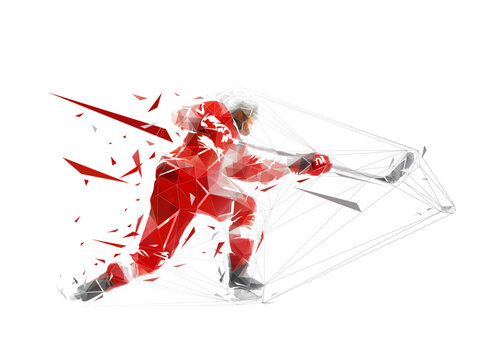 Hockey player shooting puck, isolated low poly vector illustration, side view. Ice hockey team sport