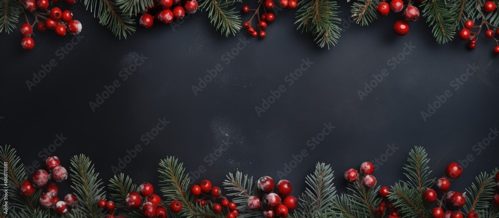 Poster Festive Christmas decorations with fir branches berries and wallpaper Top view copy space Copy space image Place for adding text or design
