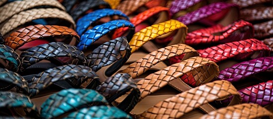Flip flops made of genuine leather a close up of multicolored woven sandals in the shoe market Copy space image Place for adding text or design - obrazy, fototapety, plakaty