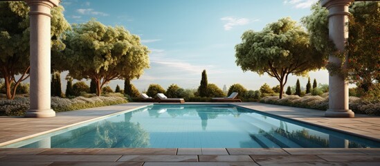 Gardens swimming pool and architectural pictures Copy space image Place for adding text or design - obrazy, fototapety, plakaty