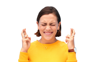 Fingers crossed, face and nervous woman with hope for luck, waiting for results or isolated on transparent png background. Model wish for bonus, winning lottery prize and hand emoji for praying sign