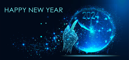 Happy New Year 2024. New Year Shining background with clock and glitter. Triangles and particle style design. Polygon vector wireframe concept. Headline