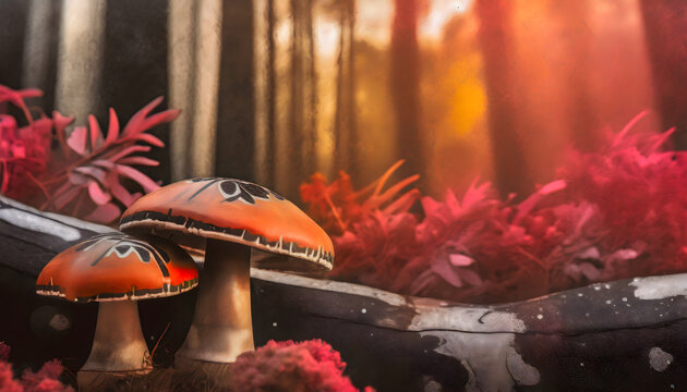 pilze, futuritisch, close up, fantasy, feen, wald, fairy, rot, rosa, hintergrund, karte, gestalten, entwerfen, b&auml;ume, 