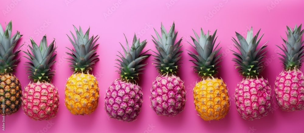 Aufkleber Fresh pineapples arranged in a colorful fruit pattern on a pink background seen from above Copy space image Place for adding text or design