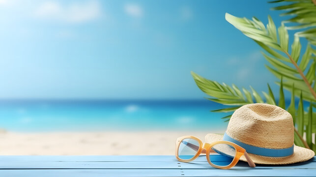 beach accessories on blue pink summer holiday banner copy space.
