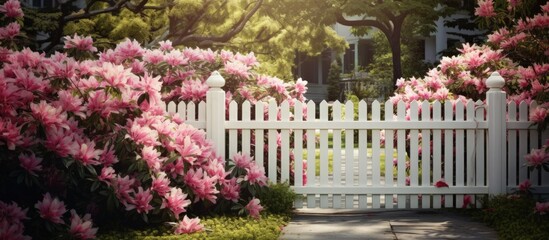 Flowering plants surround a white fence and gate in a botanical garden Copy space image Place for...