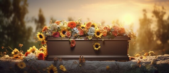 Flower filled casket family member s funeral mortuary Copy space image Place for adding text or design