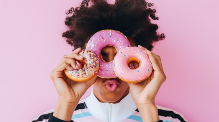 A smiling Afro kid enjoys a tasty donut while looking at the camera against a light pink studio backdrop.
