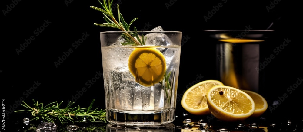 Aufkleber Gin and tonic cocktail with lemon slices and rosemary on black background Copy space Copy space image Place for adding text or design