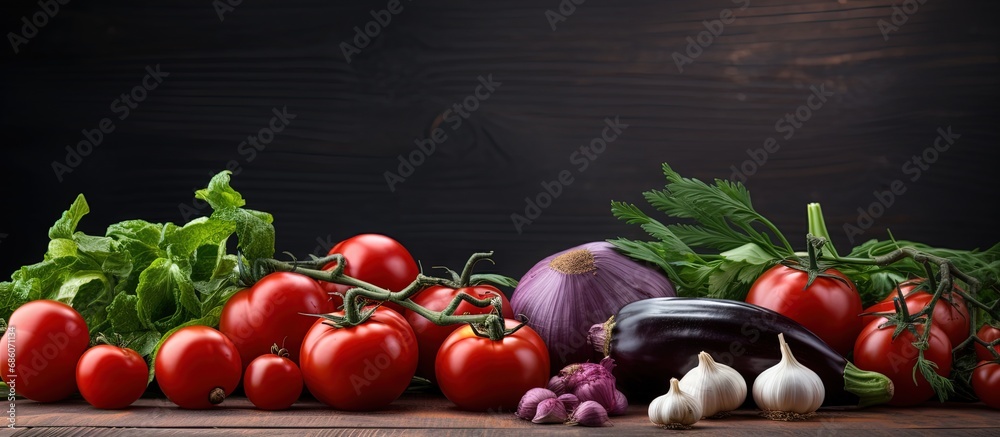 Poster Freshly harvested vegetables and herbs on the table Copy space image Place for adding text or design