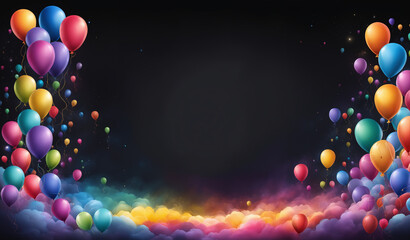 Balloons new year anniversary birthday Gift card, dark, cool, warm, colurful, joyful, vibrant - obrazy, fototapety, plakaty