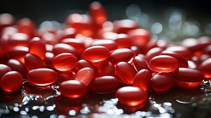 Close-Up View of Glossy Red Gel Capsules Scattered on Reflective Surface in Soft Light