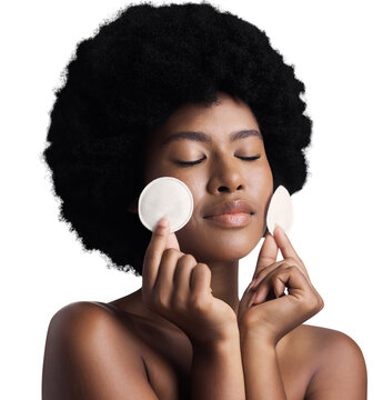 Skincare, beauty and black woman with cotton pad on face for cleaning, anti aging product and luxury cosmetics. Dermatology, facial skin care wipe and model isolated on transparent png background.