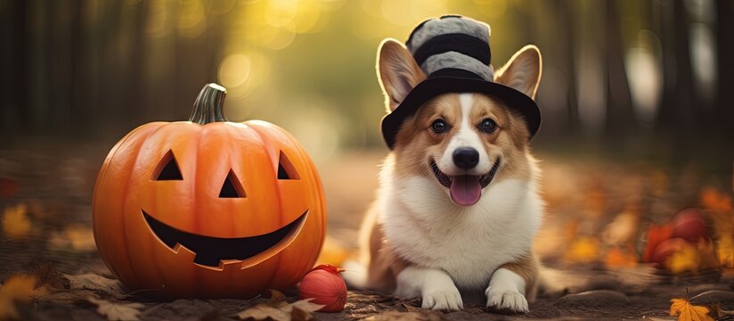 Fancy black hat wearing corgi and striped cat with pumpkin in autumn park Copy space image Place for adding text or design