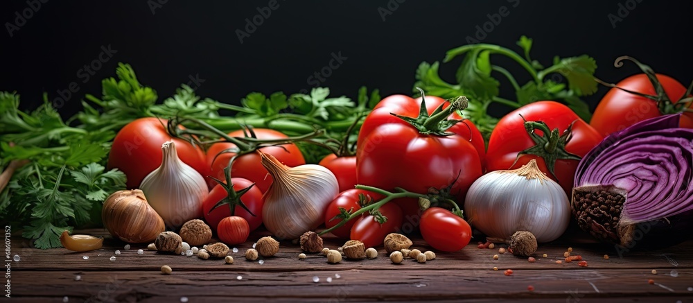 Poster Freshly harvested vegetables and herbs on the table Copy space image Place for adding text or design